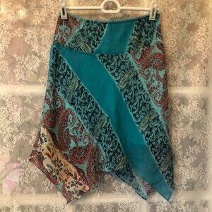 Y2K Vintage Mini Skirt XS Colorful Handkerchief Hem Teal Paisley Sheer lined